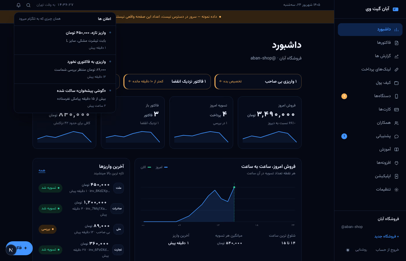 زنگ اعلان ها باز شده روی داشبورد: واریز تازه، واریزی که به فاکتوری نخورده و گوشی ساکت، هرکدام با زمان