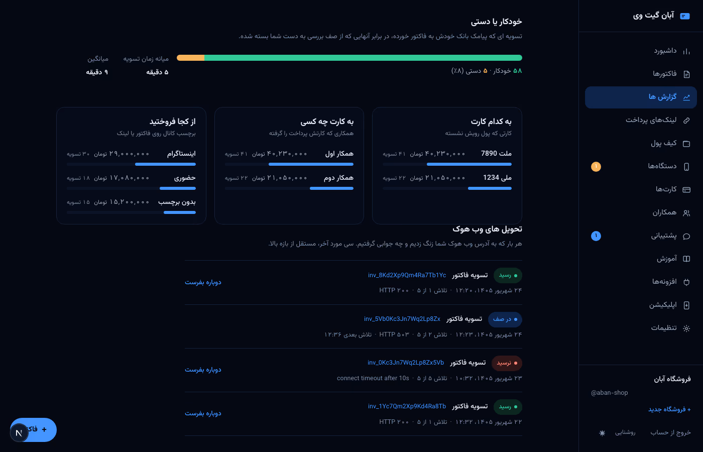 فهرست تحویل های وب هوک پایین گزارش ها: هر ردیف با وضعیت رسید یا در صف یا نرسید، شماره تلاش، جواب سایت و دکمه دوباره بفرست