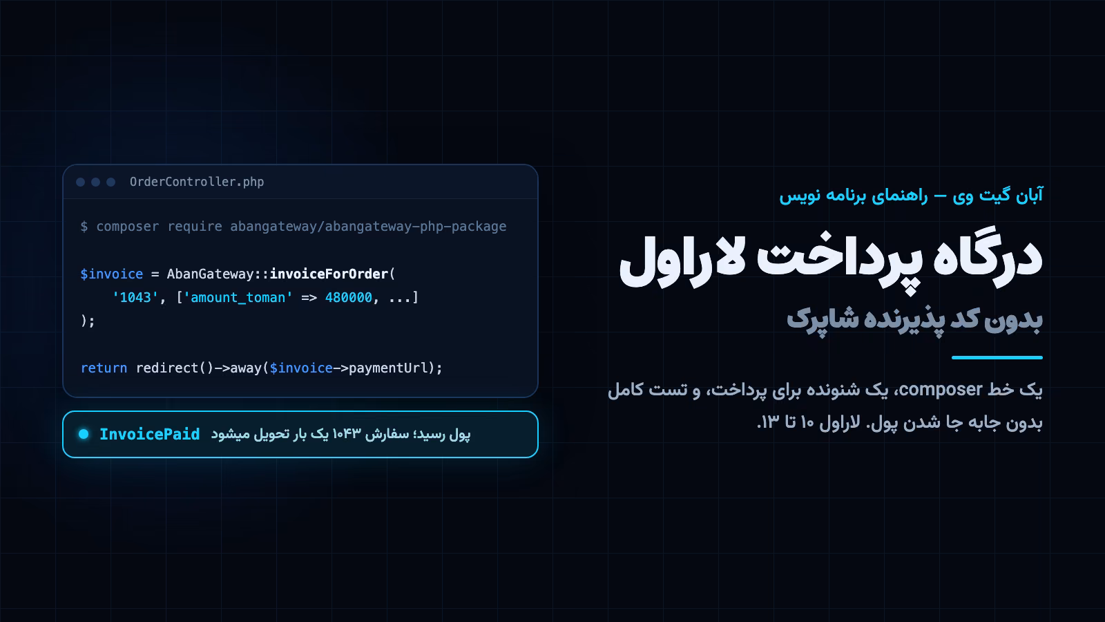 درگاه پرداخت لاراول: خط نصب پکیج با composer کنار مسیر پرداخت کارت به کارت و رویداد InvoicePaid