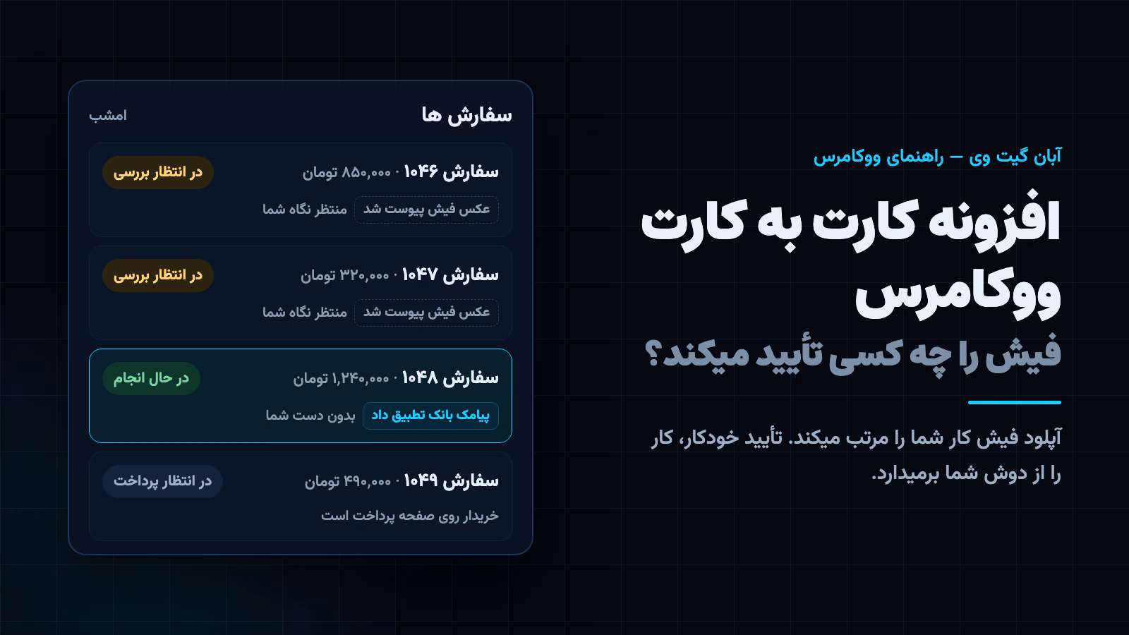 افزونه کارت به کارت ووکامرس: فهرست سفارش ها؛ دوتا در انتظار بررسی فیش و یکی که با پیامک بانک خودکار در حال انجام شد